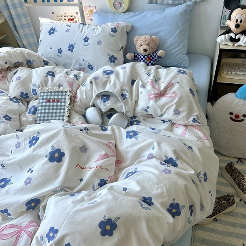 Išplautų medvilnės keturių dalių patalynės komplektas, Twill audinys, reaktyvus spausdinimas ir dažymas, raštai: animacinių filmų personažai ir augalai