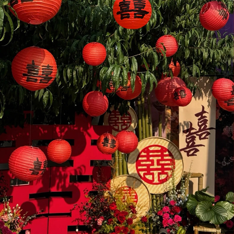 Кръгъл хартиен фенер-висулка, ръчно изработен фенер за външна декорация с растения и сватбени украси