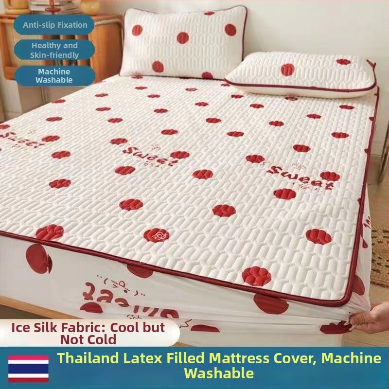 Trys dalių natūralaus latekso čiužinio apsaugos komplektas – spausdinta uždanga, pritaikomas, latekso turinys >90%, audinio spausdinimas