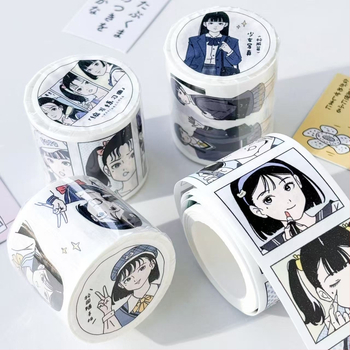 Gugu Bubble akvarelės manga stiliaus mergina mokyklinėje uniformoje – lipdukų rinkinys ir popierinės juostelės priedai, spaudos elementai, prekės kodas 2025121202