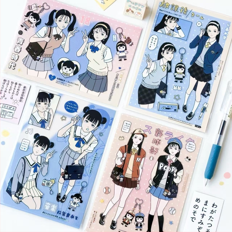 Gugu Bubble акварелен манга стил момиче в училищна униформа – комплект стикери и washi лента, печатни елементи, артикул 2025121202