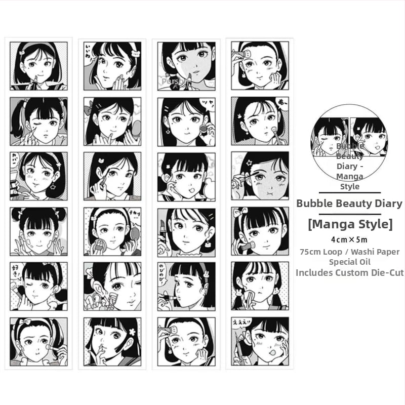 Gugu Bubble akvarelės manga stiliaus mergina mokyklinėje uniformoje – lipdukų rinkinys ir popierinės juostelės priedai, spaudos elementai, prekės kodas 2025121202