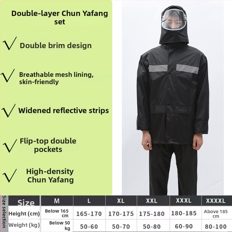 Двучастен комплект дъждобран и дъждовни панталони за възрастни, за ездачи, плат Chun Yafang 0.22 mm, водоустойчив слой PVC лепило