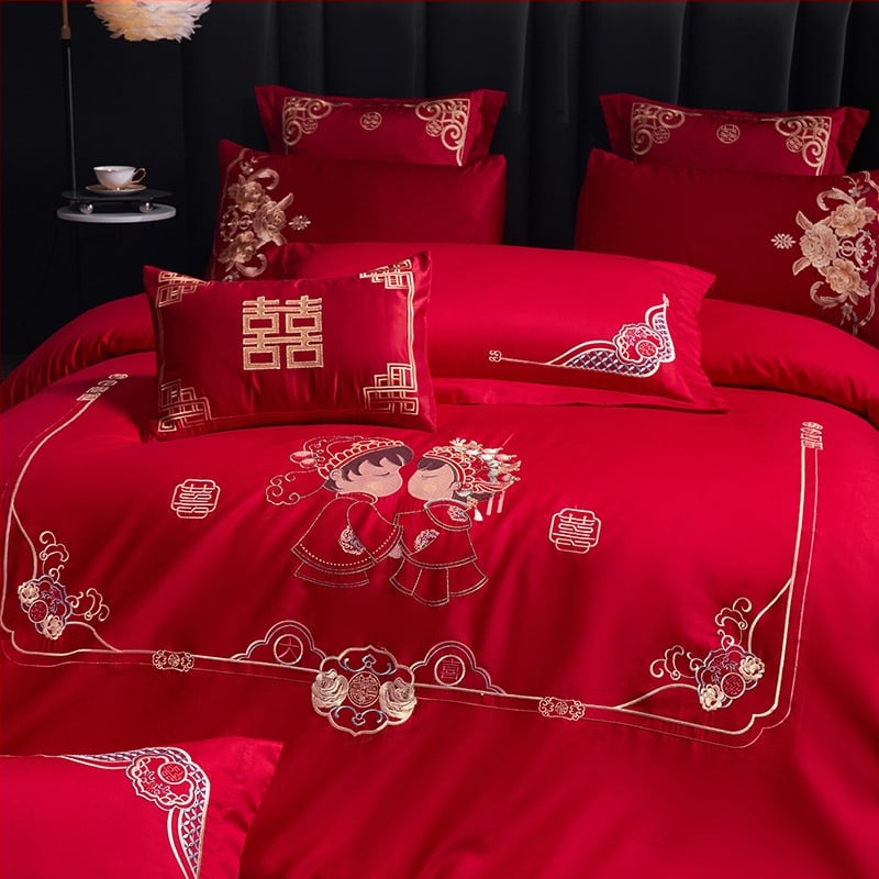 4 dalių patalynės komplektas iš 100% medvilnės, Twill audinys, reaktyvus dažymas, vienos spalvos dizainas, vestuvinis stilius