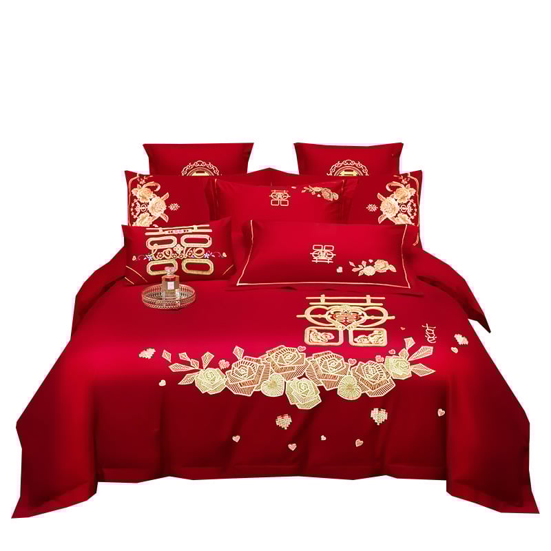 4 dalių patalynės komplektas iš 100% medvilnės, Twill audinys, reaktyvus dažymas, vienos spalvos dizainas, vestuvinis stilius