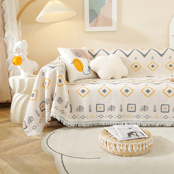 Sofa užvalkalas nordinio stiliaus su geometrijiniu raštu, vaflinis audinys, tinkamas dviejų vietų sofai, mišraus audinio
