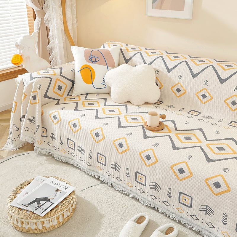 Sofa užvalkalas nordinio stiliaus su geometrijiniu raštu, vaflinis audinys, tinkamas dviejų vietų sofai, mišraus audinio