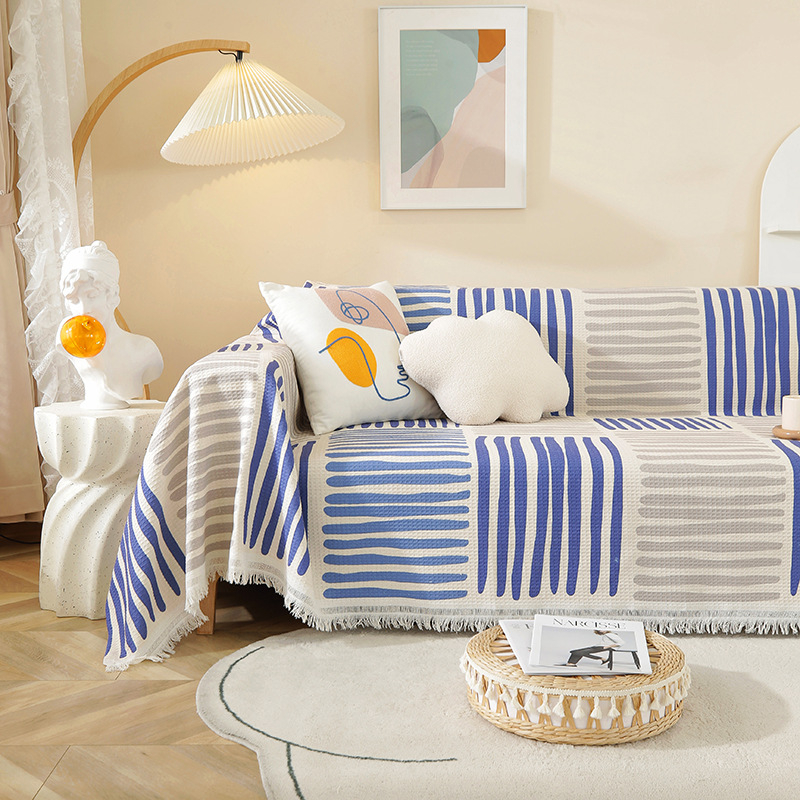 Sofa užvalkalas nordinio stiliaus su geometrijiniu raštu, vaflinis audinys, tinkamas dviejų vietų sofai, mišraus audinio