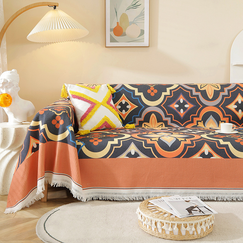 Sofa užvalkalas nordinio stiliaus su geometrijiniu raštu, vaflinis audinys, tinkamas dviejų vietų sofai, mišraus audinio