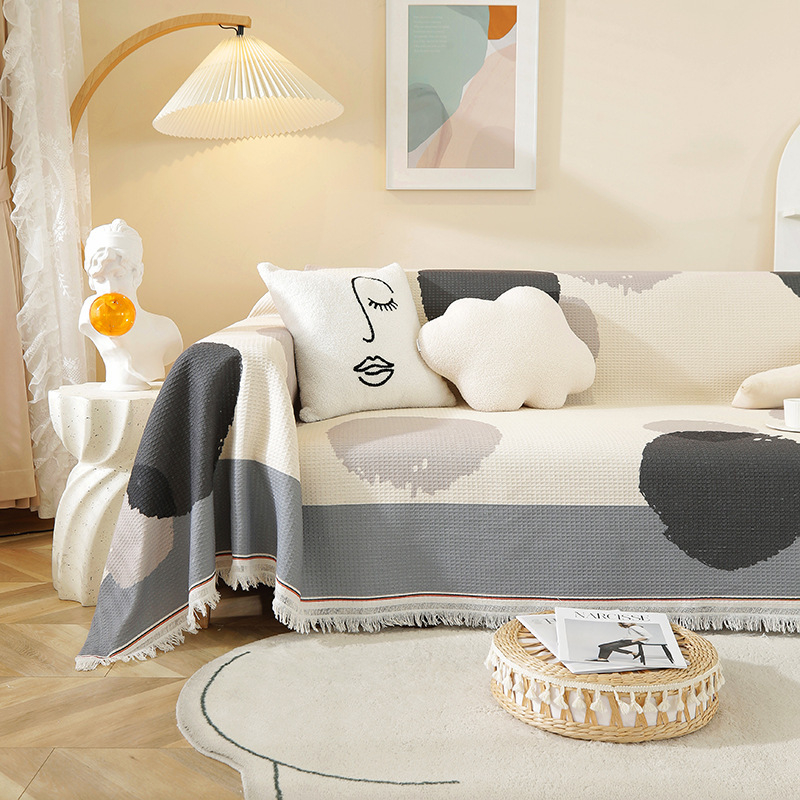 Sofa užvalkalas nordinio stiliaus su geometrijiniu raštu, vaflinis audinys, tinkamas dviejų vietų sofai, mišraus audinio