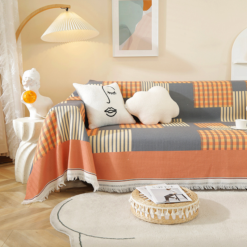 Sofa užvalkalas nordinio stiliaus su geometrijiniu raštu, vaflinis audinys, tinkamas dviejų vietų sofai, mišraus audinio