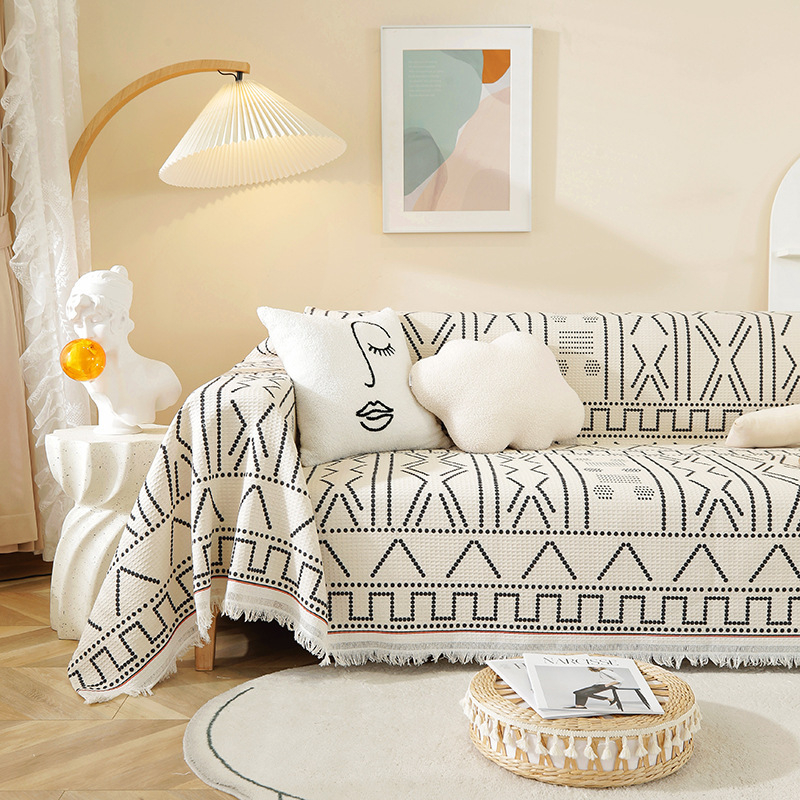 Sofa užvalkalas nordinio stiliaus su geometrijiniu raštu, vaflinis audinys, tinkamas dviejų vietų sofai, mišraus audinio