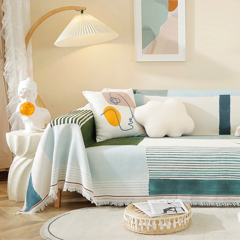 Sofa užvalkalas nordinio stiliaus su geometrijiniu raštu, vaflinis audinys, tinkamas dviejų vietų sofai, mišraus audinio