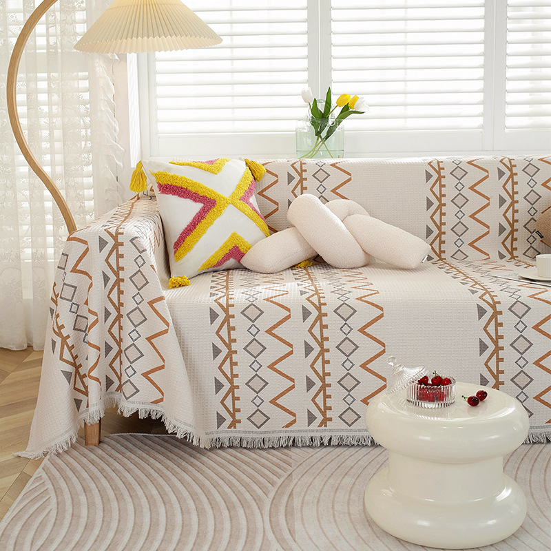 Sofa užvalkalas nordinio stiliaus su geometrijiniu raštu, vaflinis audinys, tinkamas dviejų vietų sofai, mišraus audinio