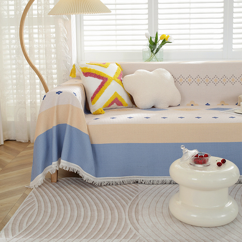 Sofa užvalkalas nordinio stiliaus su geometrijiniu raštu, vaflinis audinys, tinkamas dviejų vietų sofai, mišraus audinio