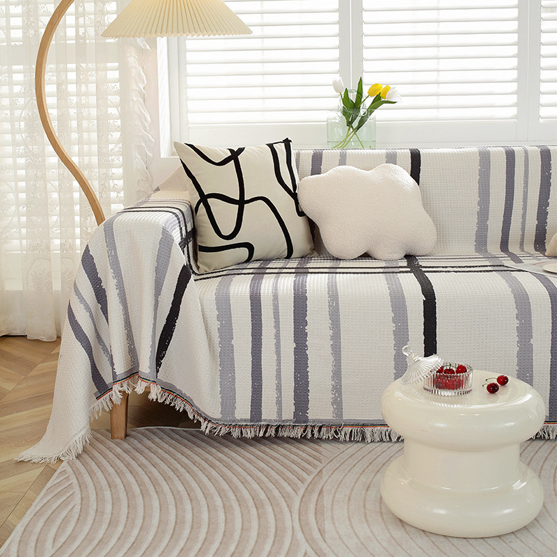 Sofa užvalkalas nordinio stiliaus su geometrijiniu raštu, vaflinis audinys, tinkamas dviejų vietų sofai, mišraus audinio