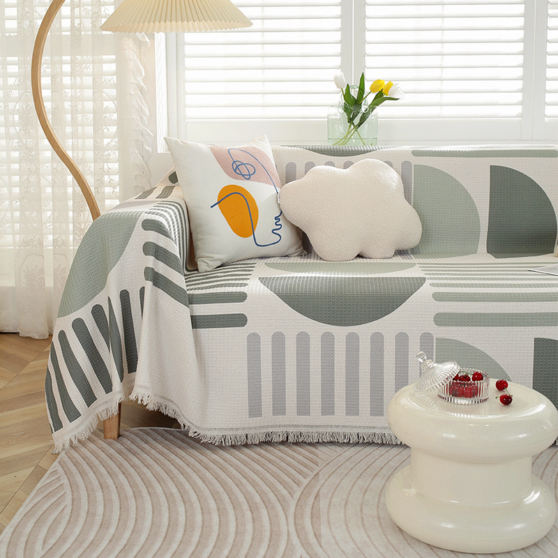 Sofa užvalkalas nordinio stiliaus su geometrijiniu raštu, vaflinis audinys, tinkamas dviejų vietų sofai, mišraus audinio