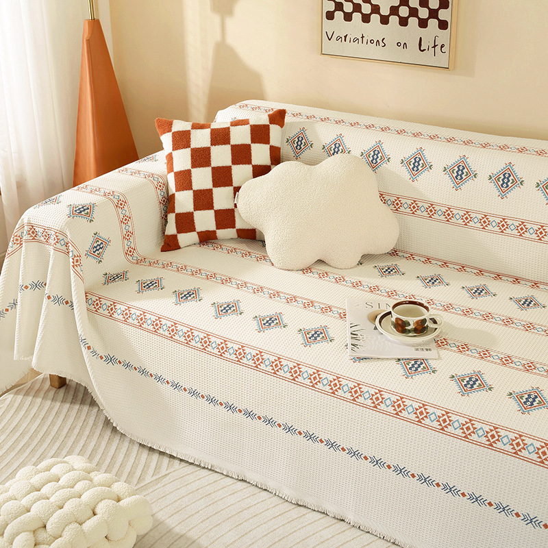 Sofa užvalkalas nordinio stiliaus su geometrijiniu raštu, vaflinis audinys, tinkamas dviejų vietų sofai, mišraus audinio