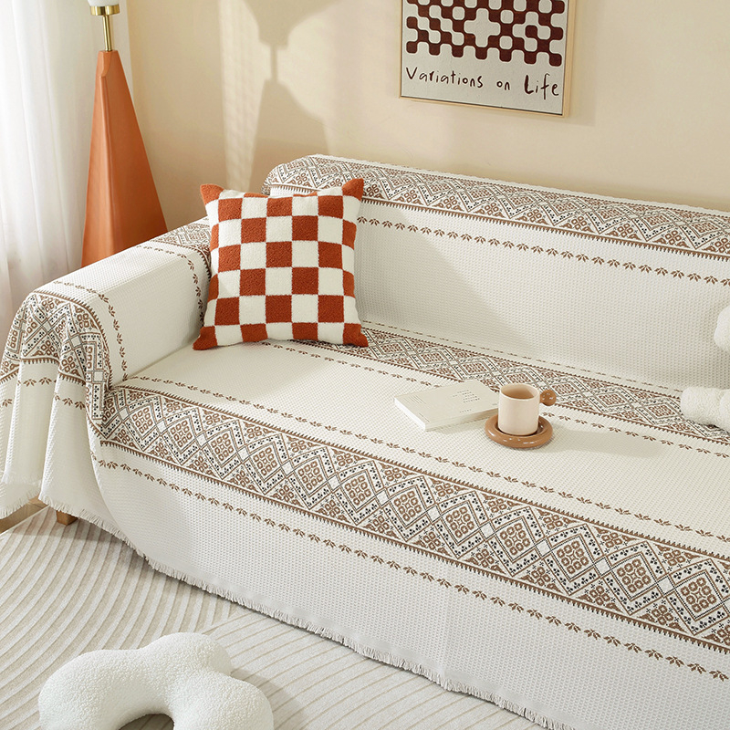 Sofa užvalkalas nordinio stiliaus su geometrijiniu raštu, vaflinis audinys, tinkamas dviejų vietų sofai, mišraus audinio