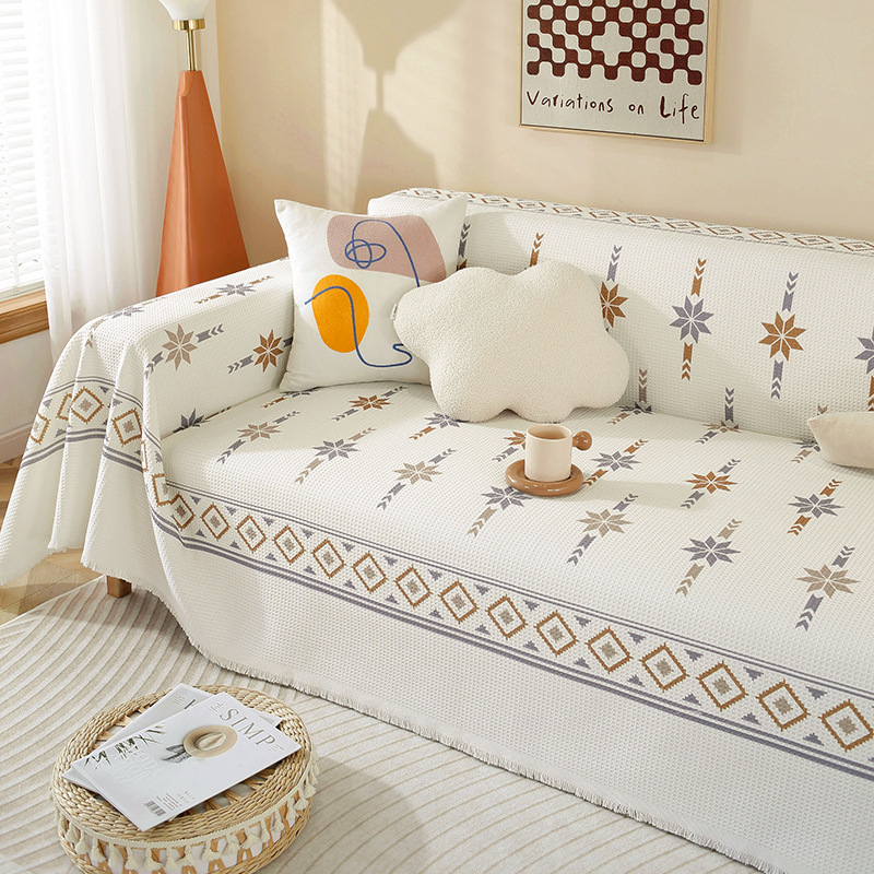 Sofa užvalkalas nordinio stiliaus su geometrijiniu raštu, vaflinis audinys, tinkamas dviejų vietų sofai, mišraus audinio