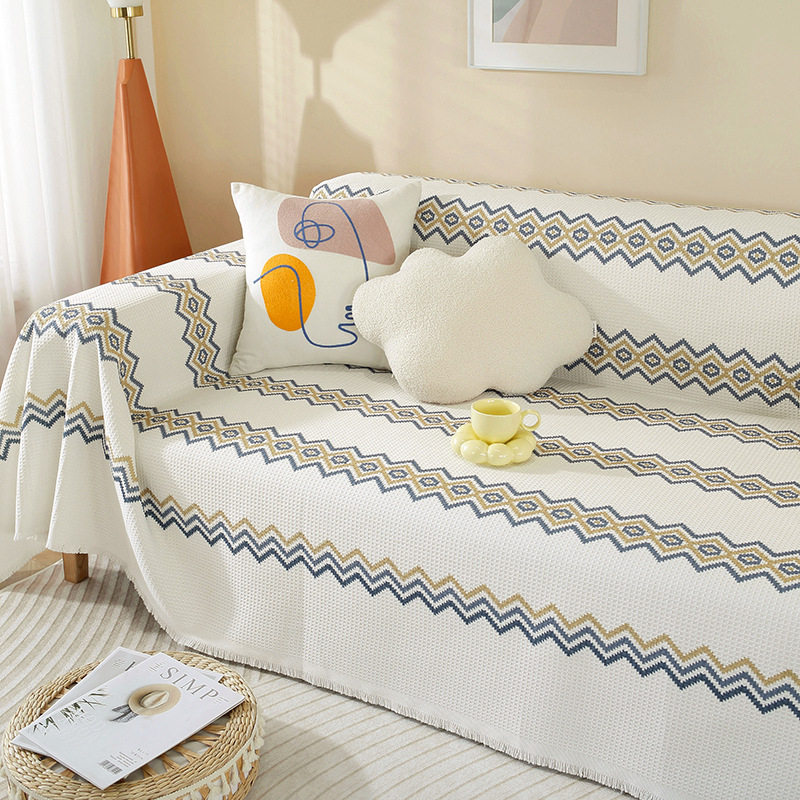 Sofa užvalkalas nordinio stiliaus su geometrijiniu raštu, vaflinis audinys, tinkamas dviejų vietų sofai, mišraus audinio