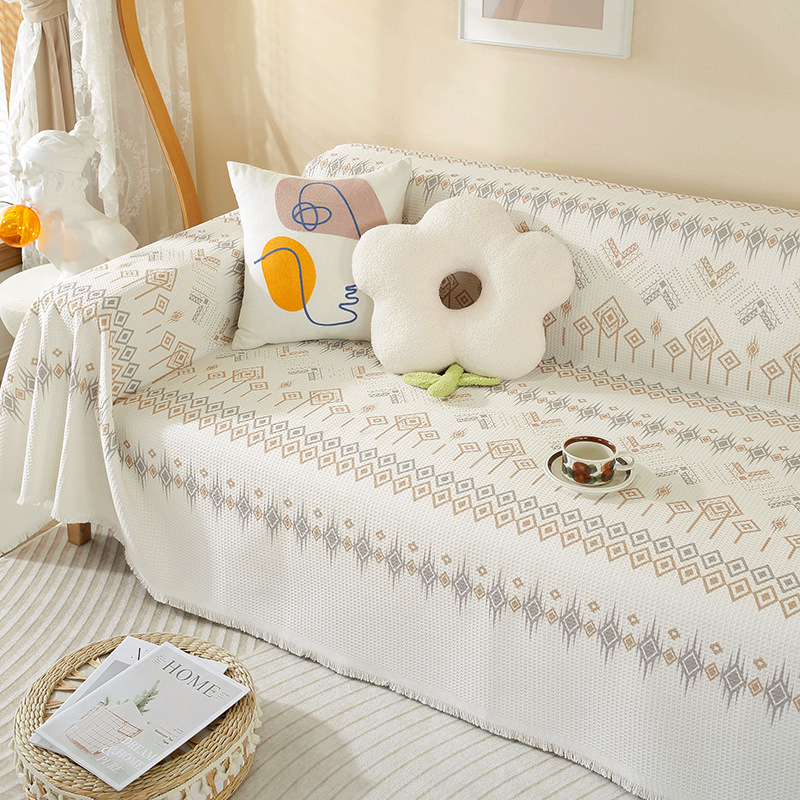 Sofa užvalkalas nordinio stiliaus su geometrijiniu raštu, vaflinis audinys, tinkamas dviejų vietų sofai, mišraus audinio