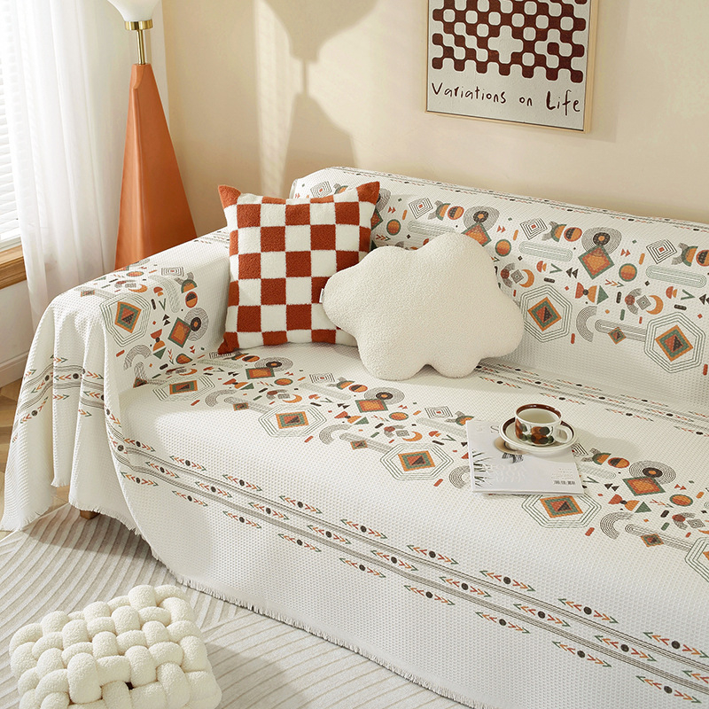 Sofa užvalkalas nordinio stiliaus su geometrijiniu raštu, vaflinis audinys, tinkamas dviejų vietų sofai, mišraus audinio