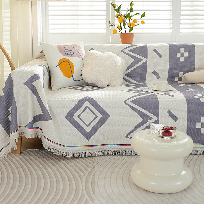 Sofa užvalkalas nordinio stiliaus su geometrijiniu raštu, vaflinis audinys, tinkamas dviejų vietų sofai, mišraus audinio