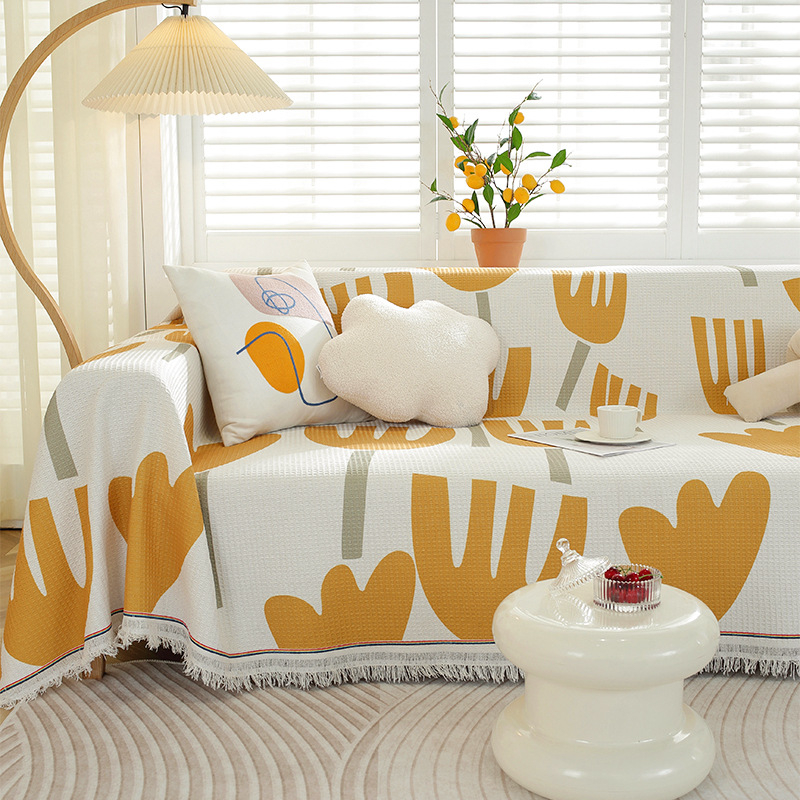 Sofa užvalkalas nordinio stiliaus su geometrijiniu raštu, vaflinis audinys, tinkamas dviejų vietų sofai, mišraus audinio