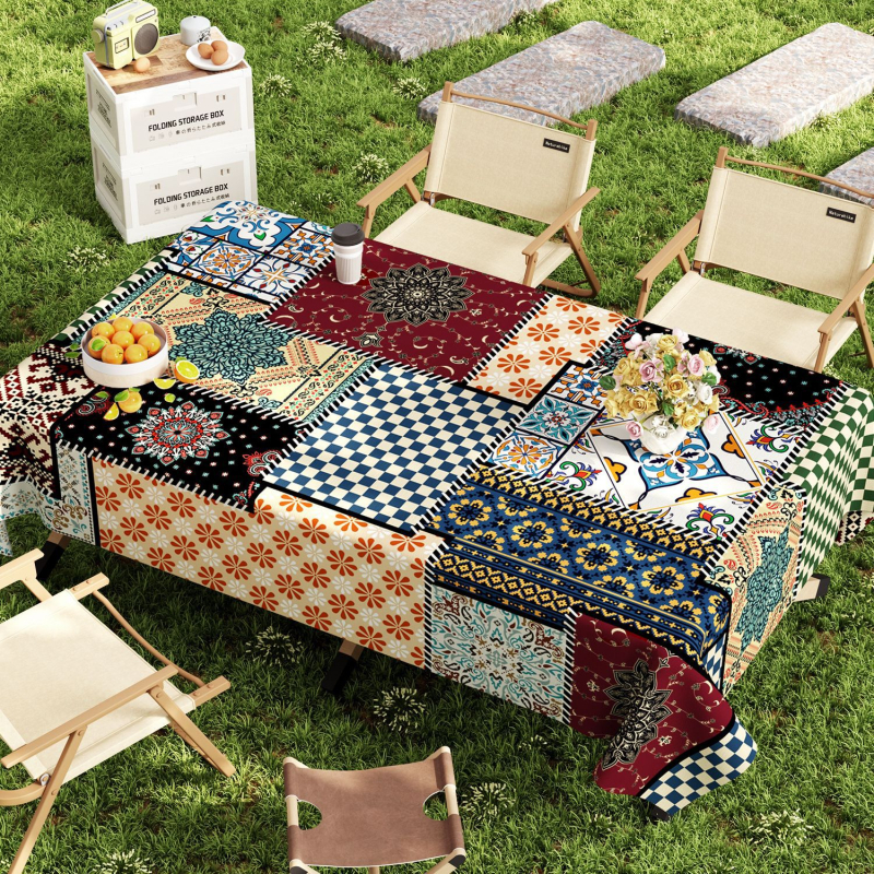 PVC staltiesė kempingui, atspari vandeniui ir aliejui, apsauga nuo nudegimų ir šilumos izoliacija, stačiakampio formos su gėlių raštu, šiuolaikiškas stilius