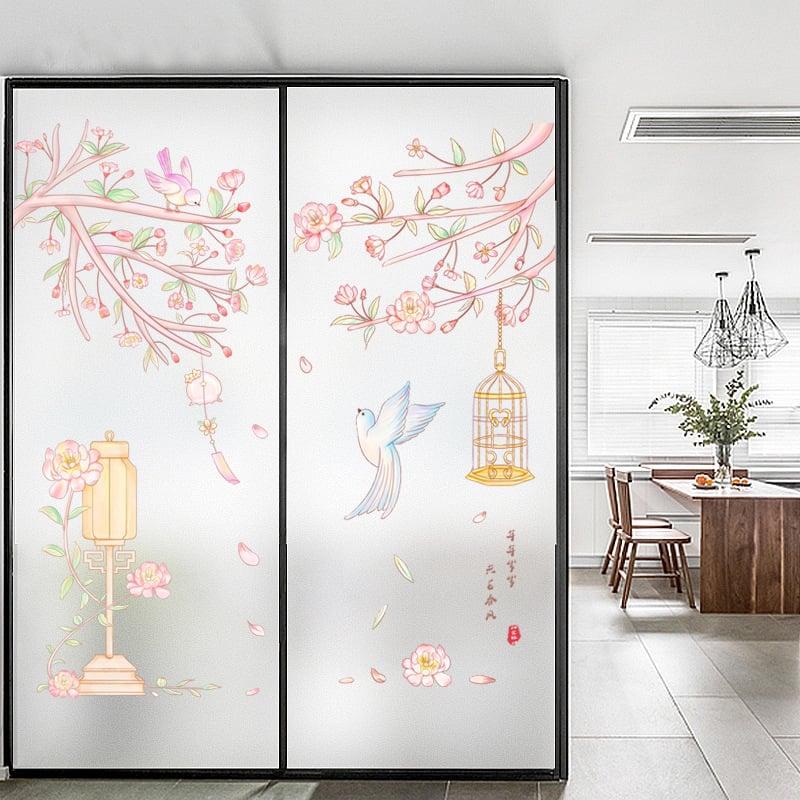 Langų plėvelė su matinou paviršiumi – elektrostatinis prilipimas, PVC; stilius: Naujasis Kinijos stilius; tinkama svetainei, miegamajam ir vonios kambariui