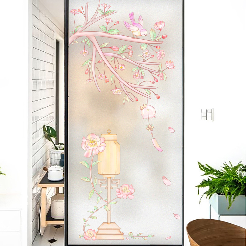 Langų plėvelė su matinou paviršiumi – elektrostatinis prilipimas, PVC; stilius: Naujasis Kinijos stilius; tinkama svetainei, miegamajam ir vonios kambariui