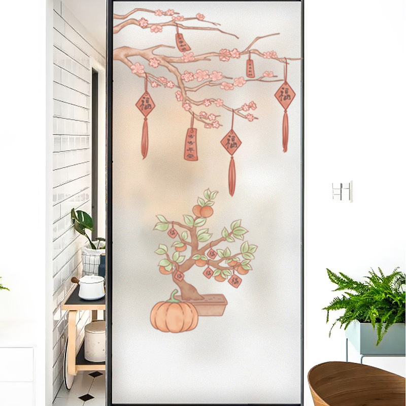 Langų plėvelė su matinou paviršiumi – elektrostatinis prilipimas, PVC; stilius: Naujasis Kinijos stilius; tinkama svetainei, miegamajam ir vonios kambariui