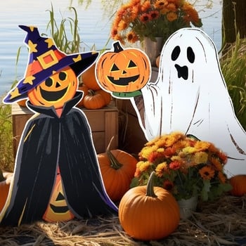 Helovyno scenos fonas su moliūgų tema, dekoracijos parduotuvės ar baro įėjimui – nuotraukų rekvizitai, medžiaga: šilko gėlės