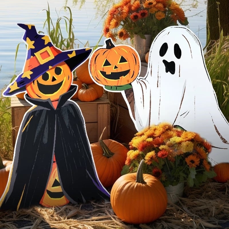 Helovyno scenos fonas su moliūgų tema, dekoracijos parduotuvės ar baro įėjimui – nuotraukų rekvizitai, medžiaga: šilko gėlės