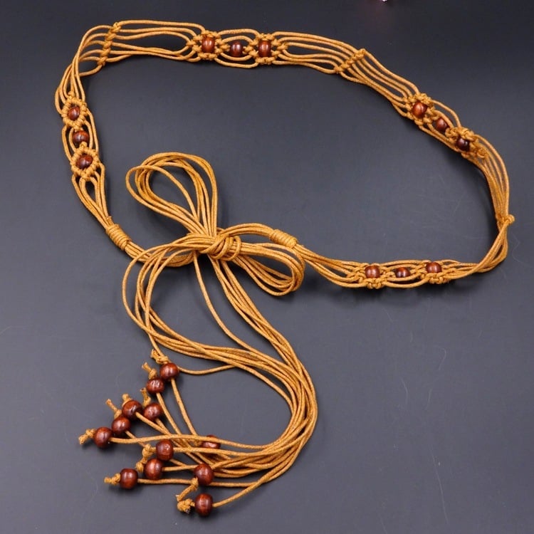 Centură talie din lanț pentru rochie și pulover, țesută manual, închidere nod, lățime sub 2 cm, material: țesătură