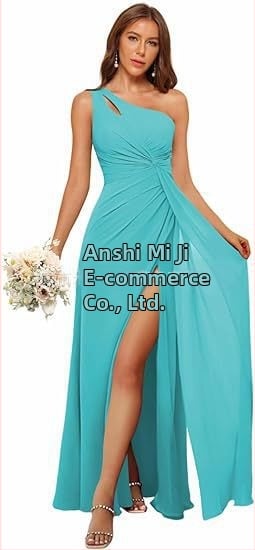 Рокля за шаферки с едно рамо, дълга пола, полиестерен плат, без ръкави, талия средна