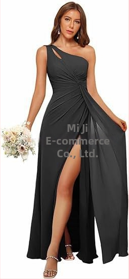 Рокля за шаферки с едно рамо, дълга пола, полиестерен плат, без ръкави, талия средна