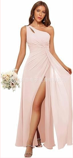 Рокля за шаферки с едно рамо, дълга пола, полиестерен плат, без ръкави, талия средна