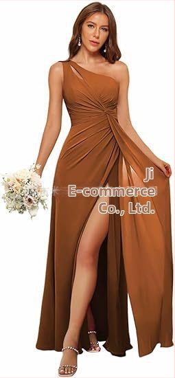 Рокля за шаферки с едно рамо, дълга пола, полиестерен плат, без ръкави, талия средна