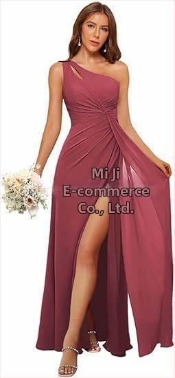 Рокля за шаферки с едно рамо, дълга пола, полиестерен плат, без ръкави, талия средна