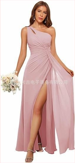 Рокля за шаферки с едно рамо, дълга пола, полиестерен плат, без ръкави, талия средна