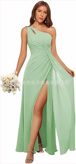 Рокля за шаферки с едно рамо, дълга пола, полиестерен плат, без ръкави, талия средна