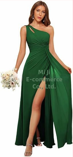 Рокля за шаферки с едно рамо, дълга пола, полиестерен плат, без ръкави, талия средна