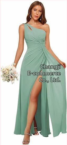 Рокля за шаферки с едно рамо, дълга пола, полиестерен плат, без ръкави, талия средна