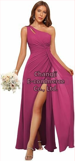 Рокля за шаферки с едно рамо, дълга пола, полиестерен плат, без ръкави, талия средна