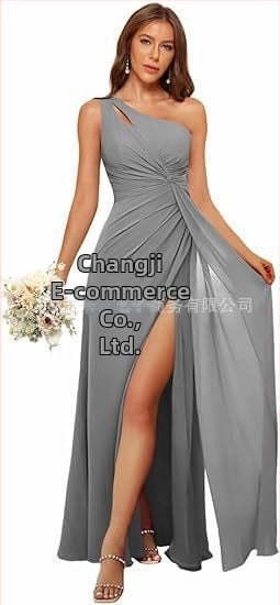 Рокля за шаферки с едно рамо, дълга пола, полиестерен плат, без ръкави, талия средна