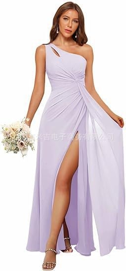 Рокля за шаферки с едно рамо, дълга пола, полиестерен плат, без ръкави, талия средна