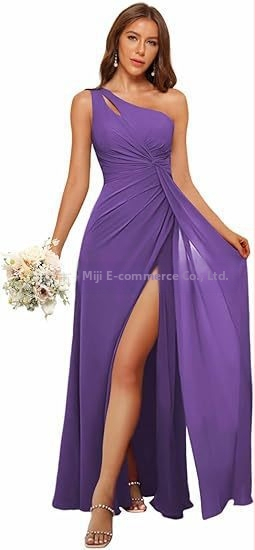 Рокля за шаферки с едно рамо, дълга пола, полиестерен плат, без ръкави, талия средна