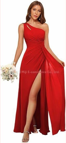 Рокля за шаферки с едно рамо, дълга пола, полиестерен плат, без ръкави, талия средна